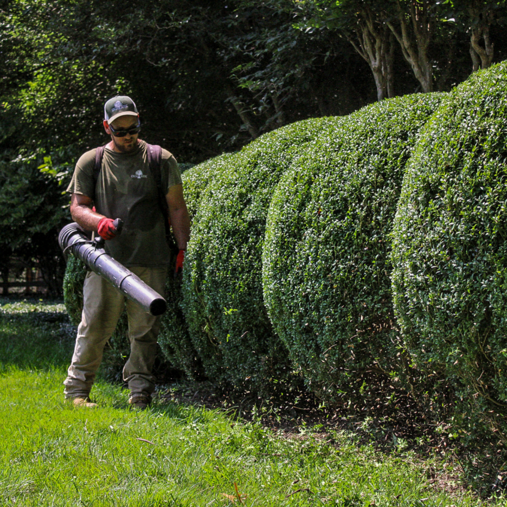 grounds management crew blowing leaves