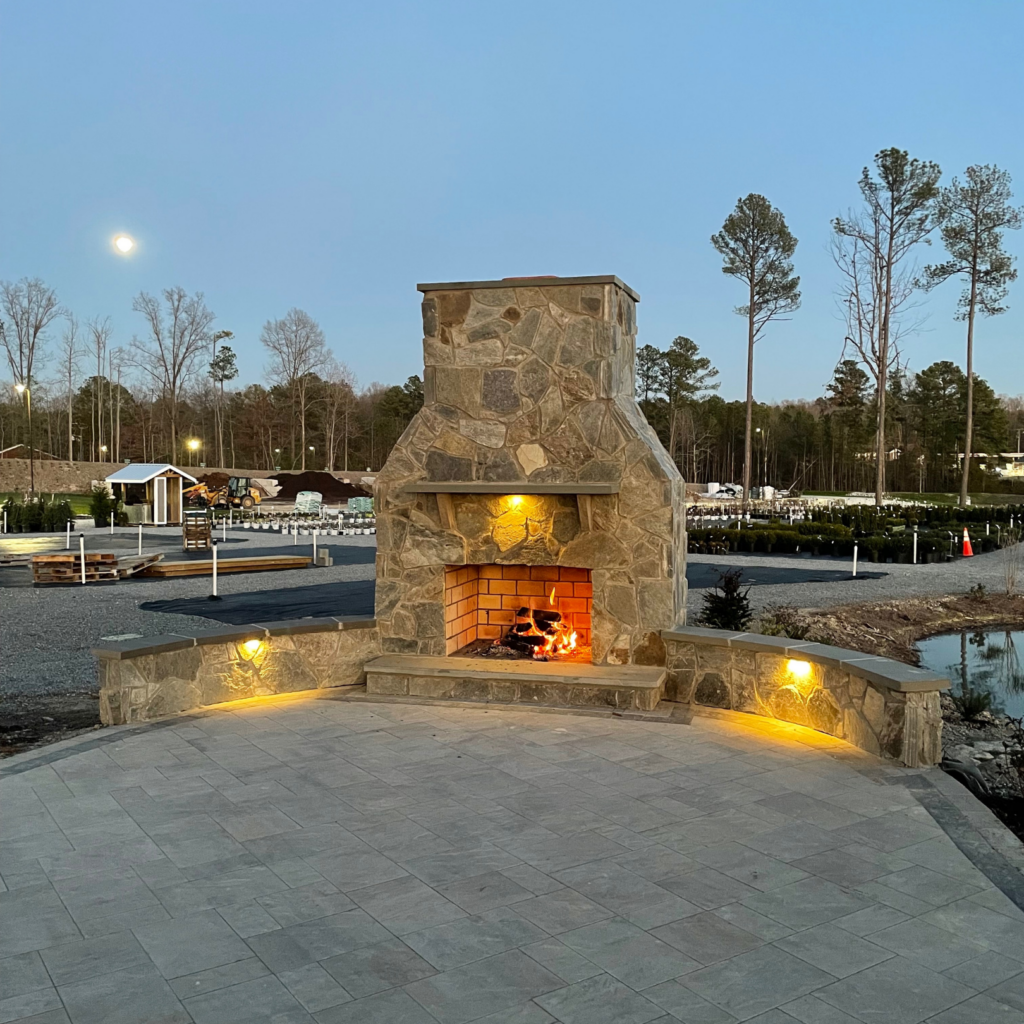 outdoor stone hardscape fireplace