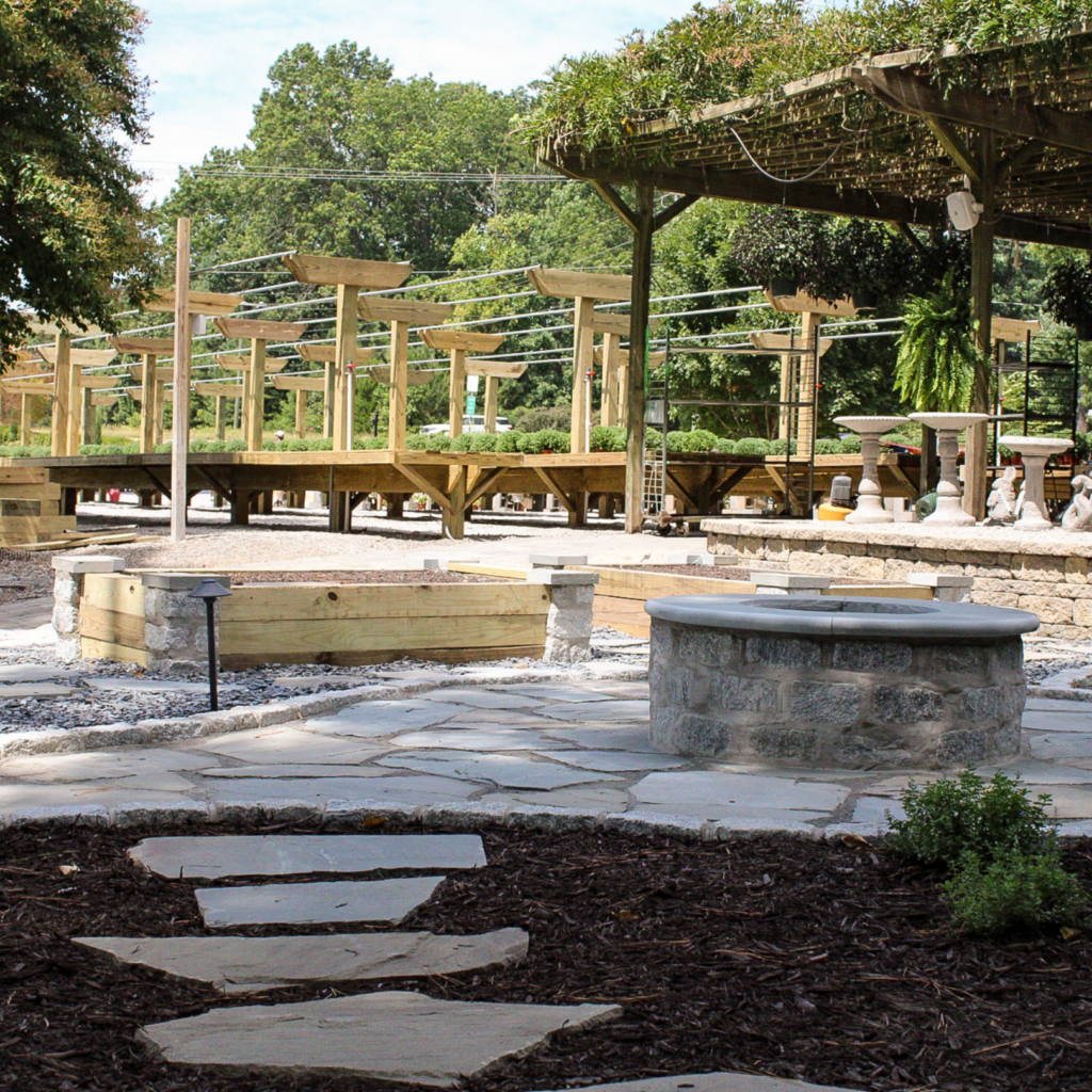 Slate patio and firepit with stepping stone path