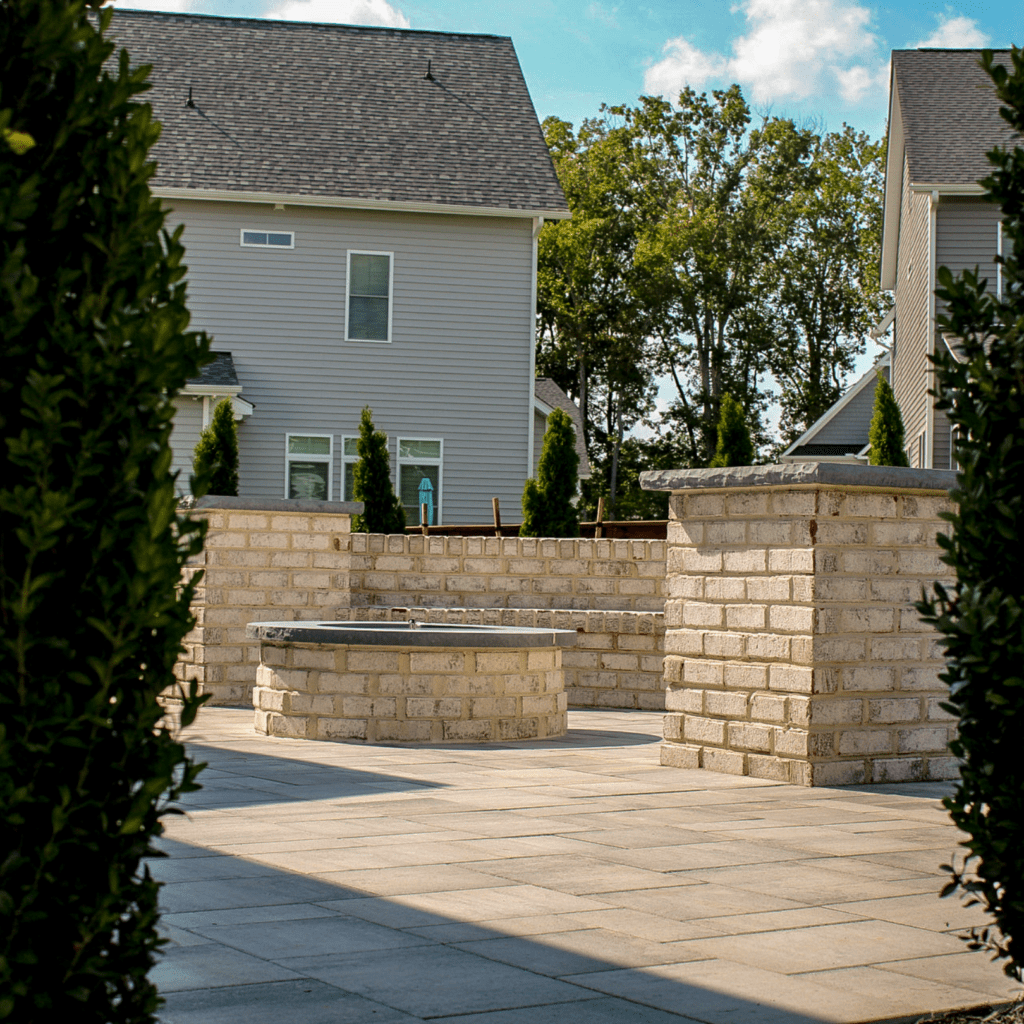 light brick seat wall and fire pit with gray accidents on patio and. fresh landscaping