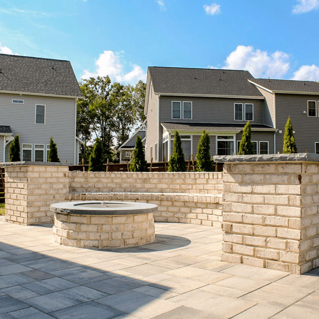 light brick seat wall and fire pit with gray accidents on patio and. fresh landscaping