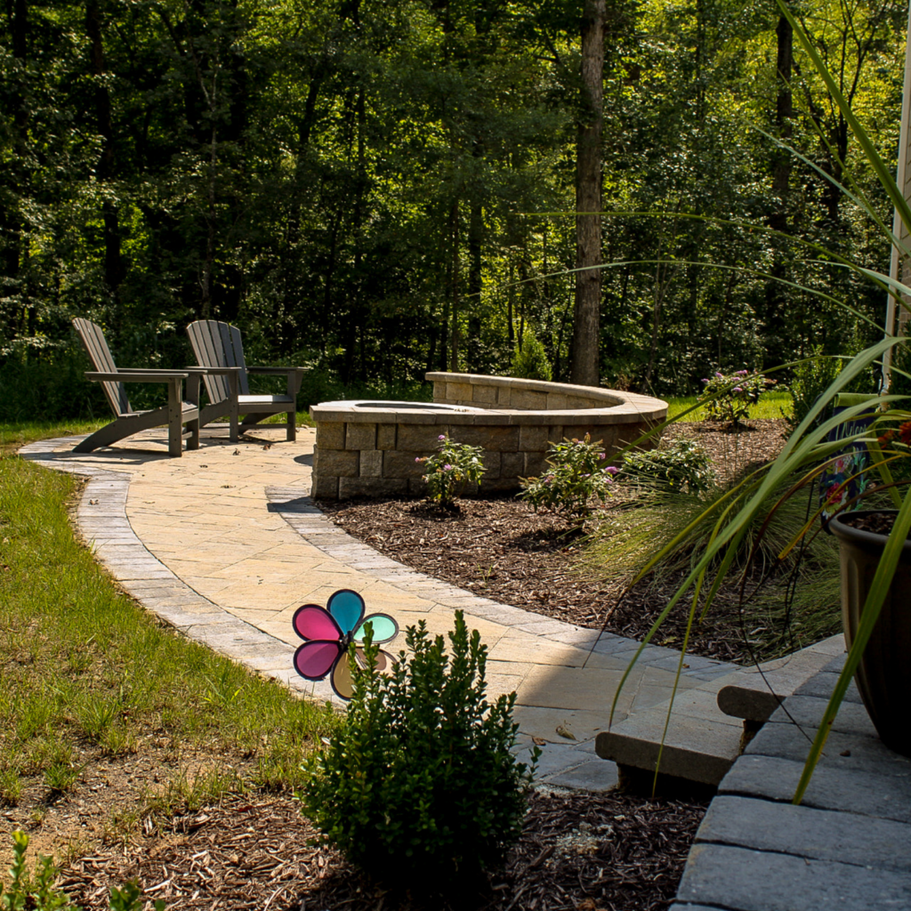 patio with walkway and patio with firepit and seat wall