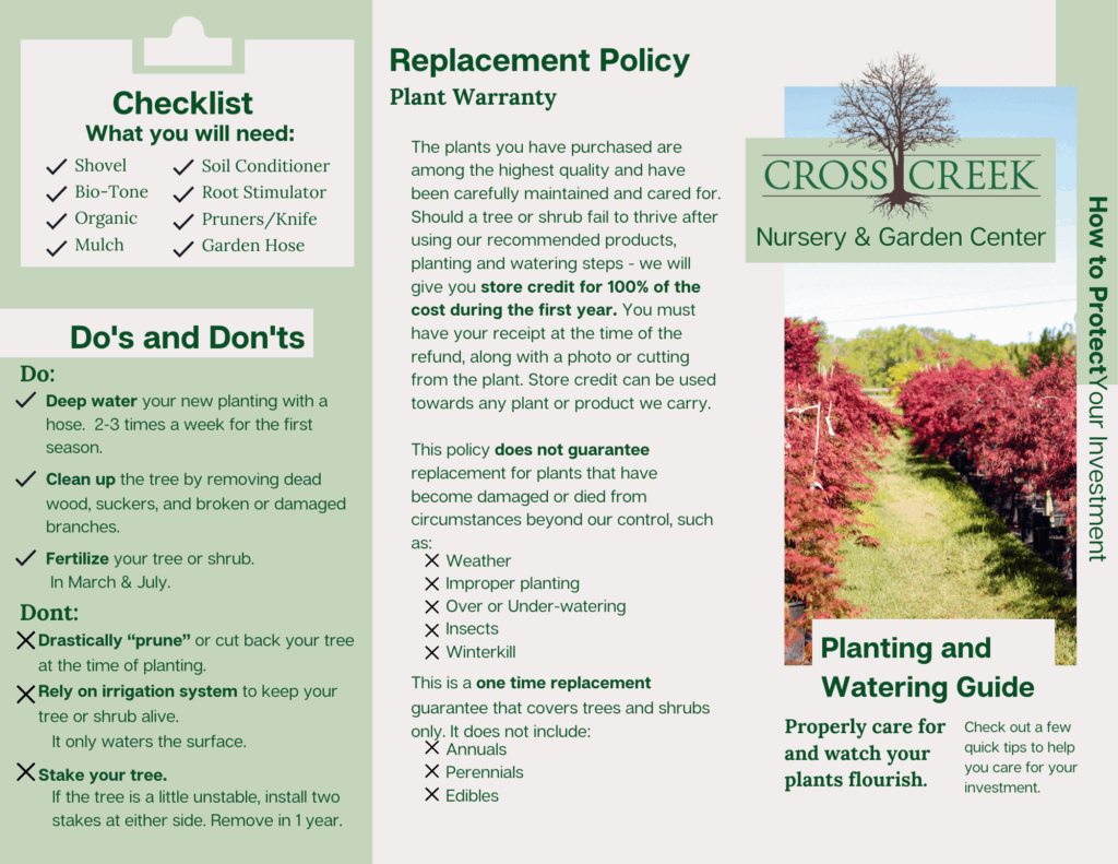 Infographic showing step-by-step tree and shrub planting guide, including watering tips, planting tools, and Cross Creek Nursery's one-year replacement warranty.