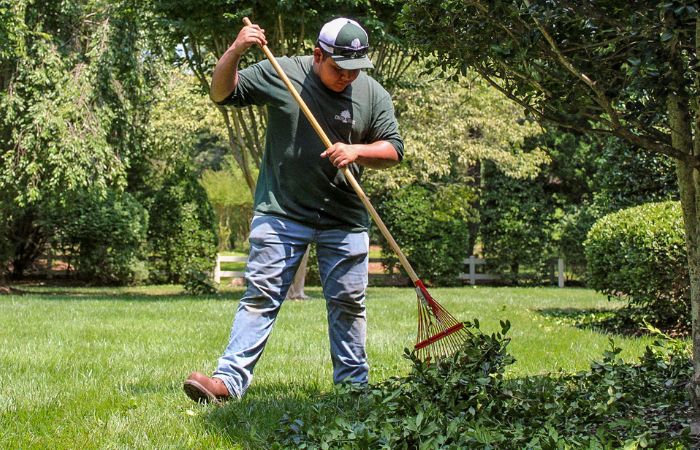 cross-creek-nursery-grounds-maintenance-garden-maintenance-program-feature-image Cross Creek Nursery grounds maintenance program worker raking up bush cuttings