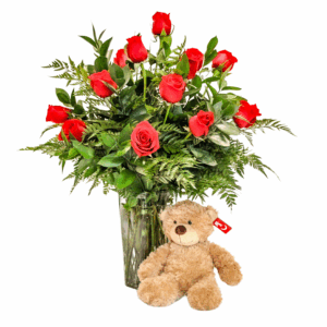 Dozen Roses With Bear